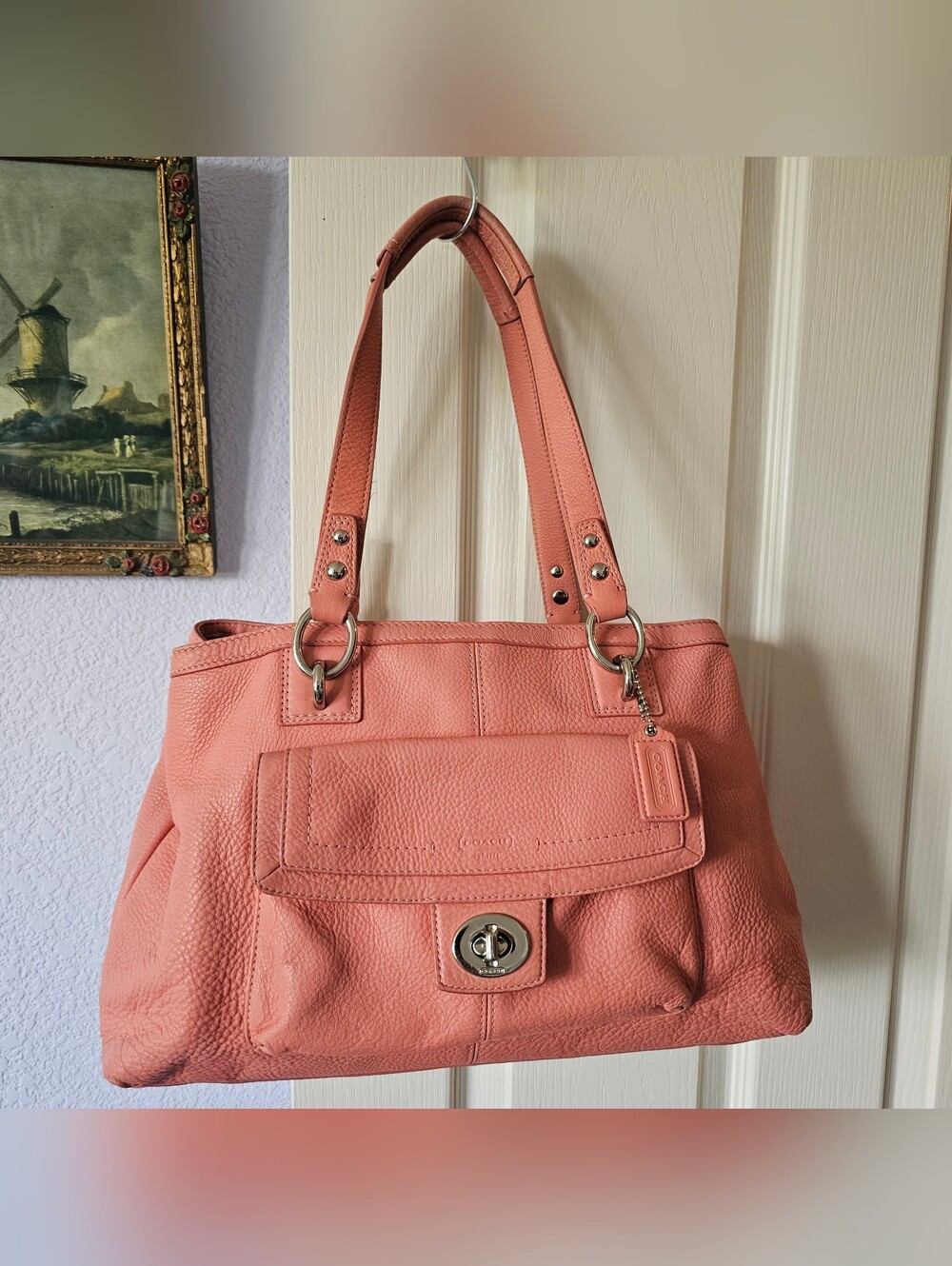 Coach Women's Coral Pink Leather Shoulder Bag, F13813, Signature Tote
